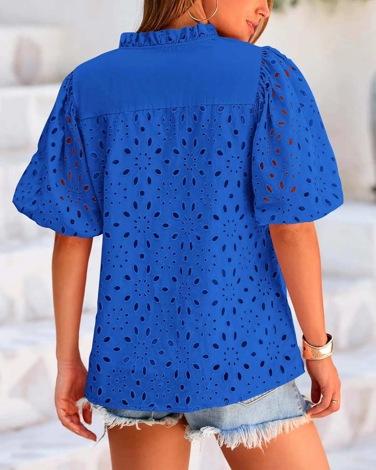 BTFBM Womens Casual Summer Blouse 2025 Hollow Out Eyelet Embroidery Tops V Neck Buttons Puff Short Sleeve Boho Shirts