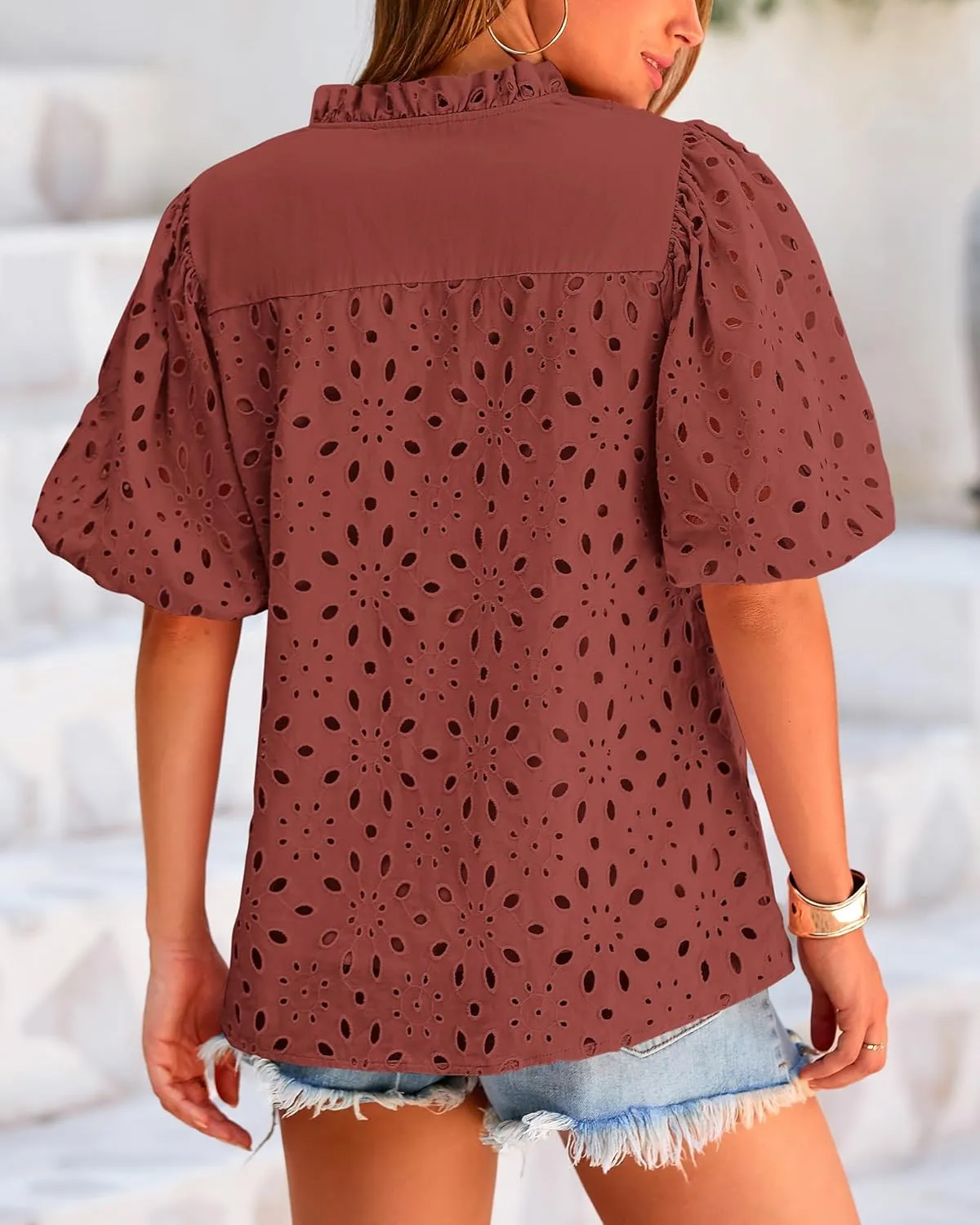 BTFBM Womens Casual Summer Blouse 2025 Hollow Out Eyelet Embroidery Tops V Neck Buttons Puff Short Sleeve Boho Shirts