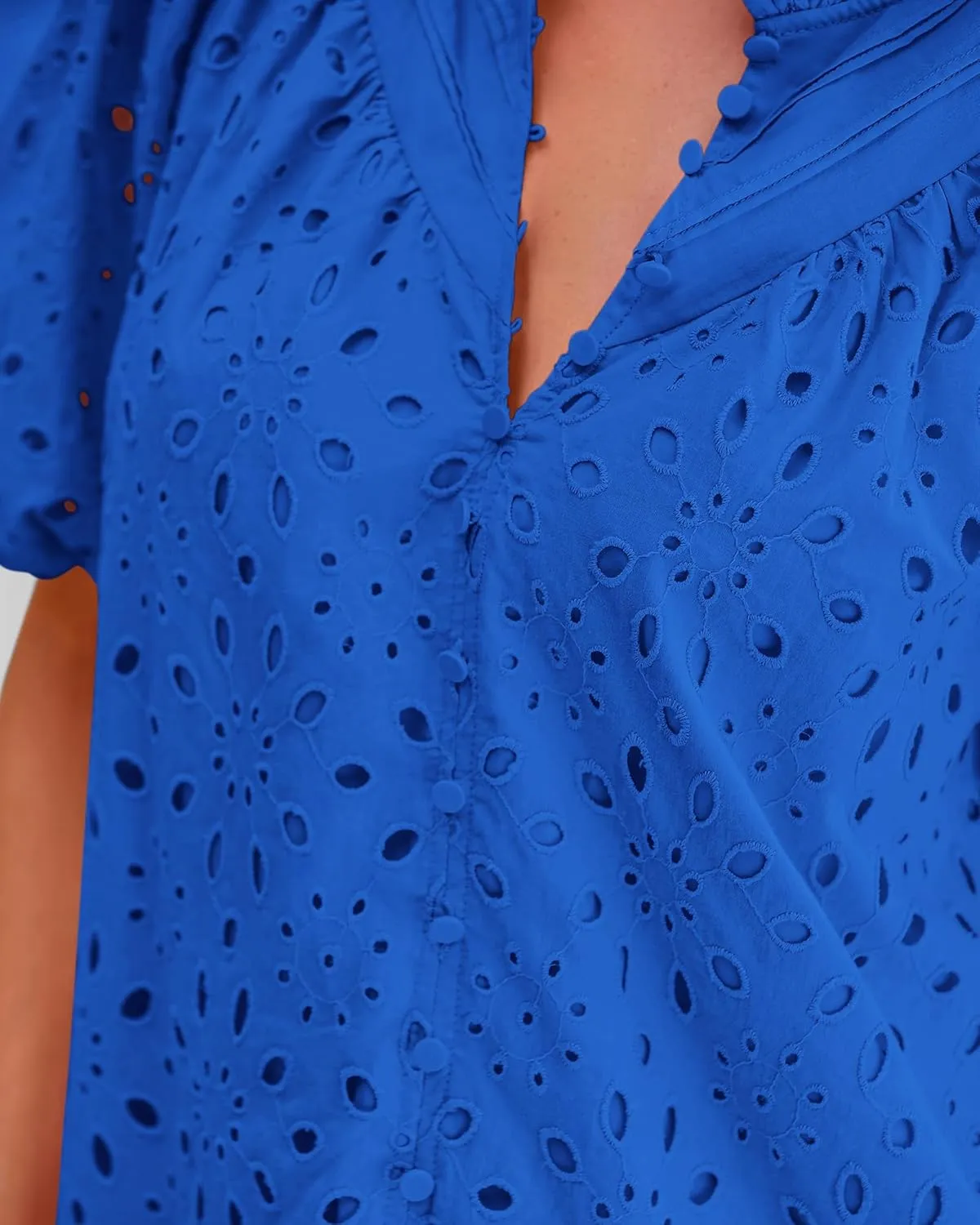 BTFBM Womens Casual Summer Blouse 2025 Hollow Out Eyelet Embroidery Tops V Neck Buttons Puff Short Sleeve Boho Shirts