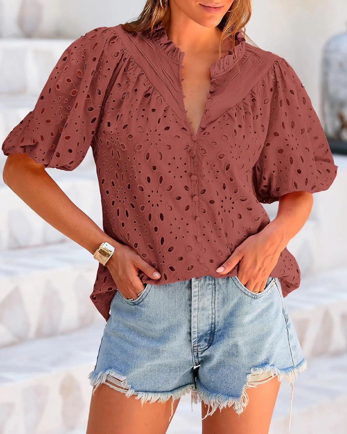 BTFBM Womens Casual Summer Blouse 2025 Hollow Out Eyelet Embroidery Tops V Neck Buttons Puff Short Sleeve Boho Shirts