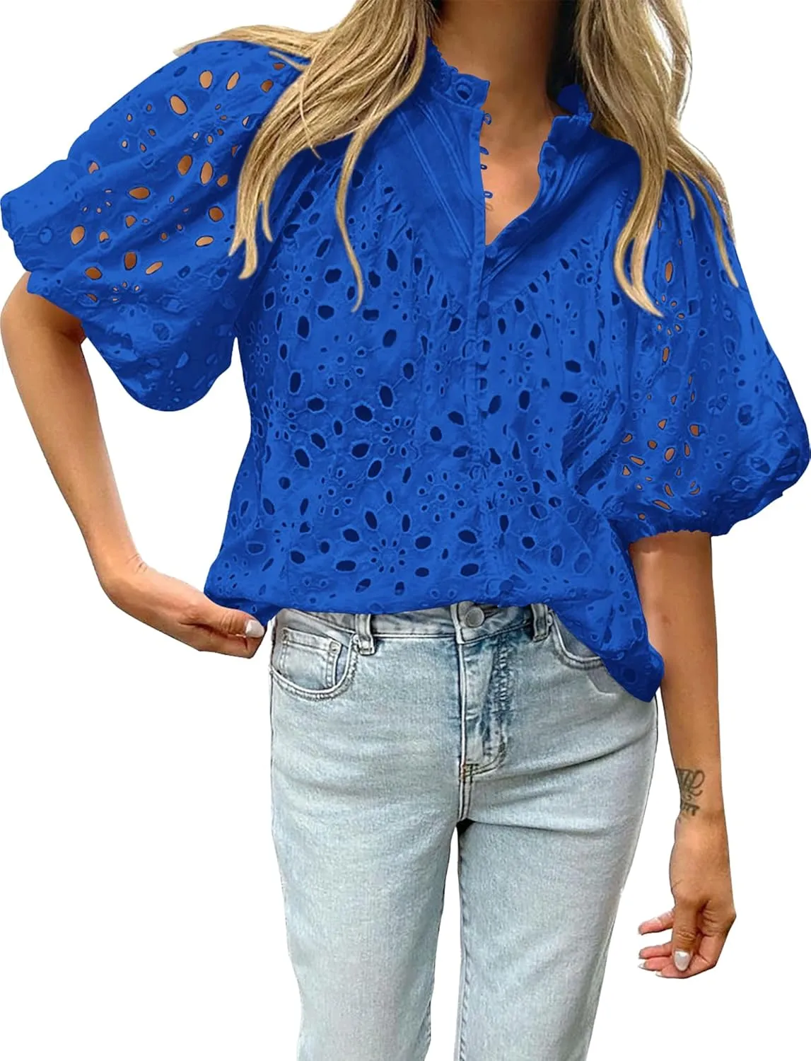 BTFBM Womens Casual Summer Blouse 2025 Hollow Out Eyelet Embroidery Tops V Neck Buttons Puff Short Sleeve Boho Shirts