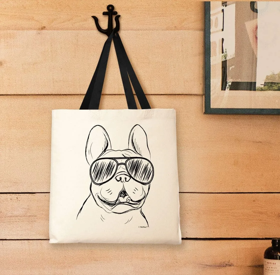 Bulldog Tote Bag - Frenchie Wearing Sunglasses - Canvas Dog Lover Gift for Owners