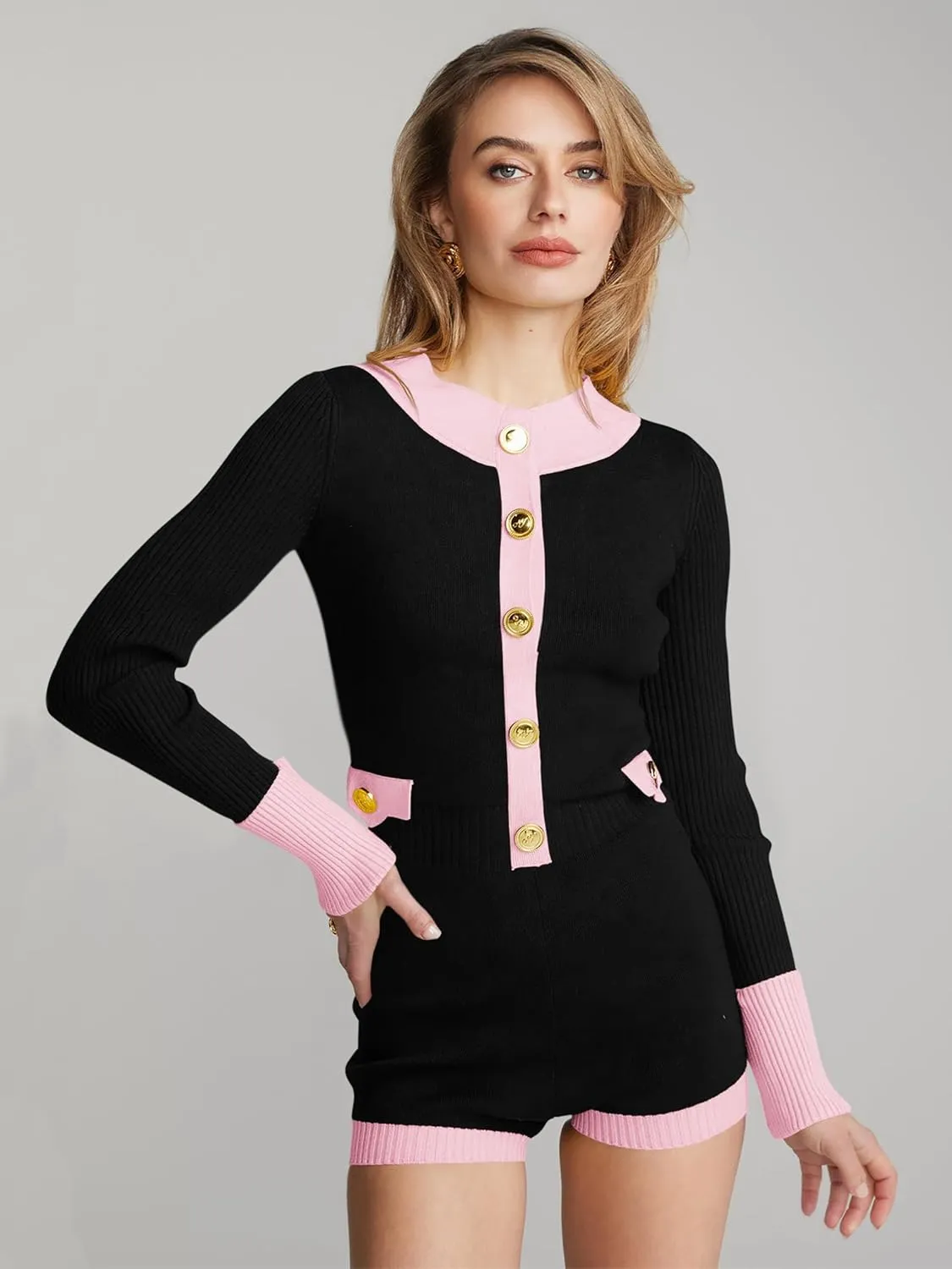 BZB Women Long Sleeve Sweater Romper Crewneck Button Down Knit One Piece Shorts Jumpsuit Color Block Onesie Fall Outfit