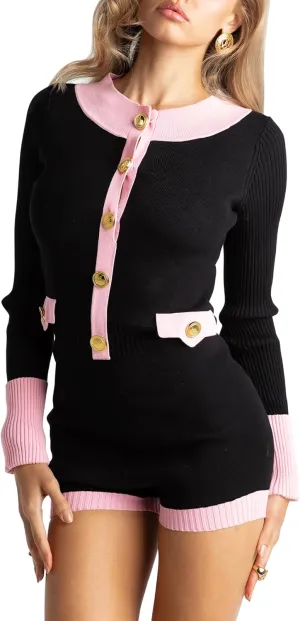 BZB Women Long Sleeve Sweater Romper Crewneck Button Down Knit One Piece Shorts Jumpsuit Color Block Onesie Fall Outfit