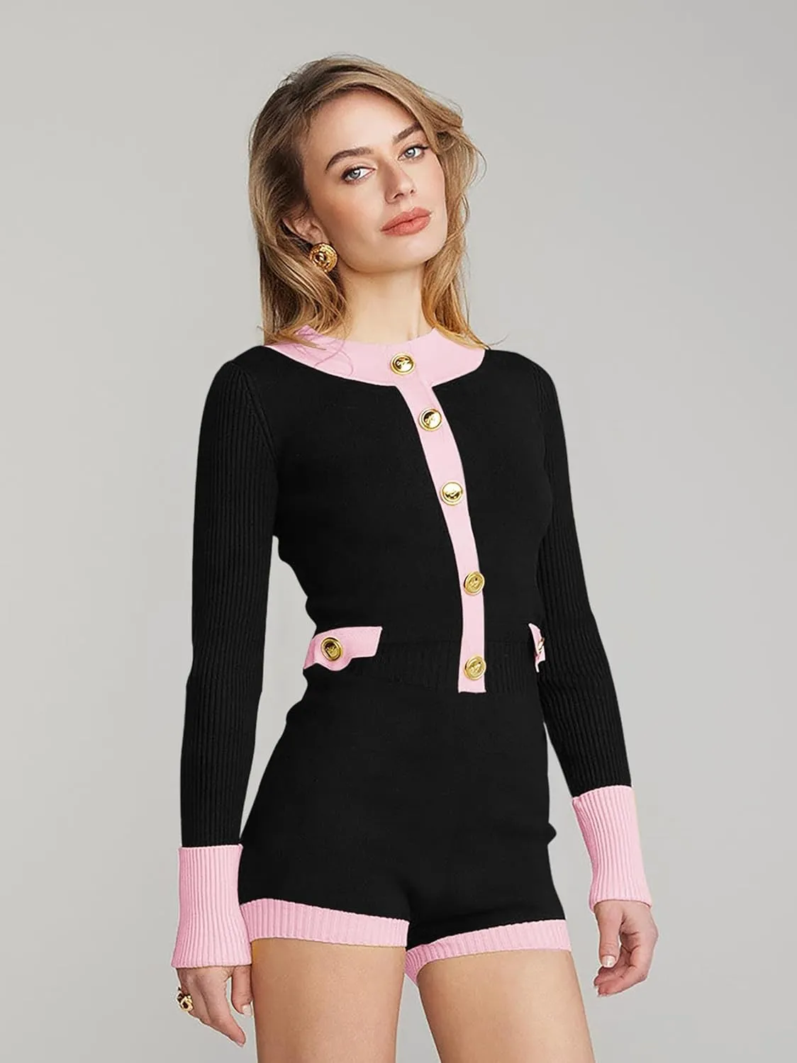 BZB Women Long Sleeve Sweater Romper Crewneck Button Down Knit One Piece Shorts Jumpsuit Color Block Onesie Fall Outfit