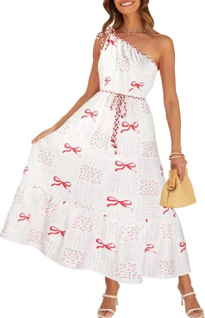 CCTOO Women's Floral Print Maxi Dress 2025 Sleeveless Summer Knot One Shoulder Flowy Boho Sundress with Pockets