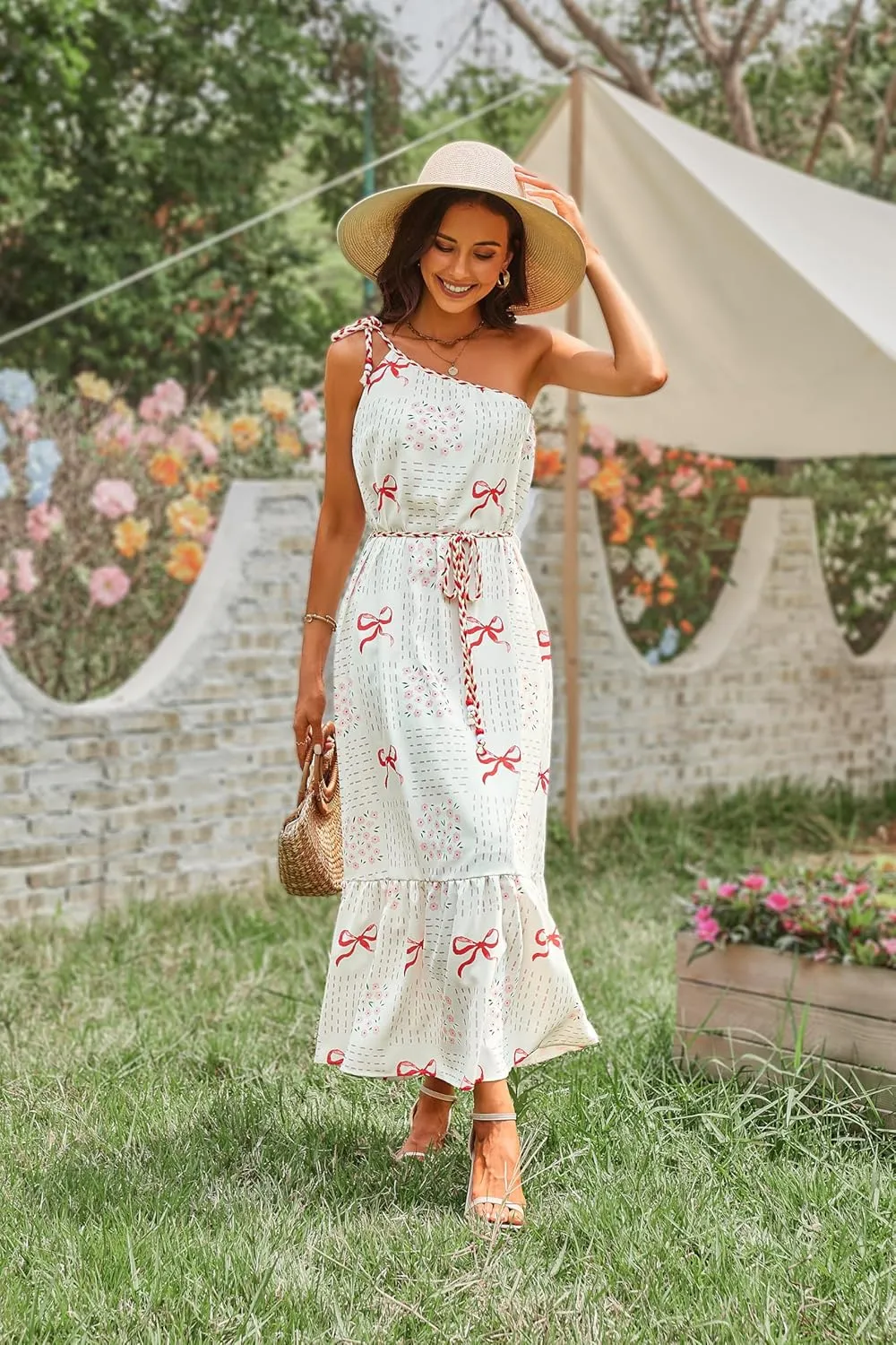 CCTOO Women's Floral Print Maxi Dress 2025 Sleeveless Summer Knot One Shoulder Flowy Boho Sundress with Pockets