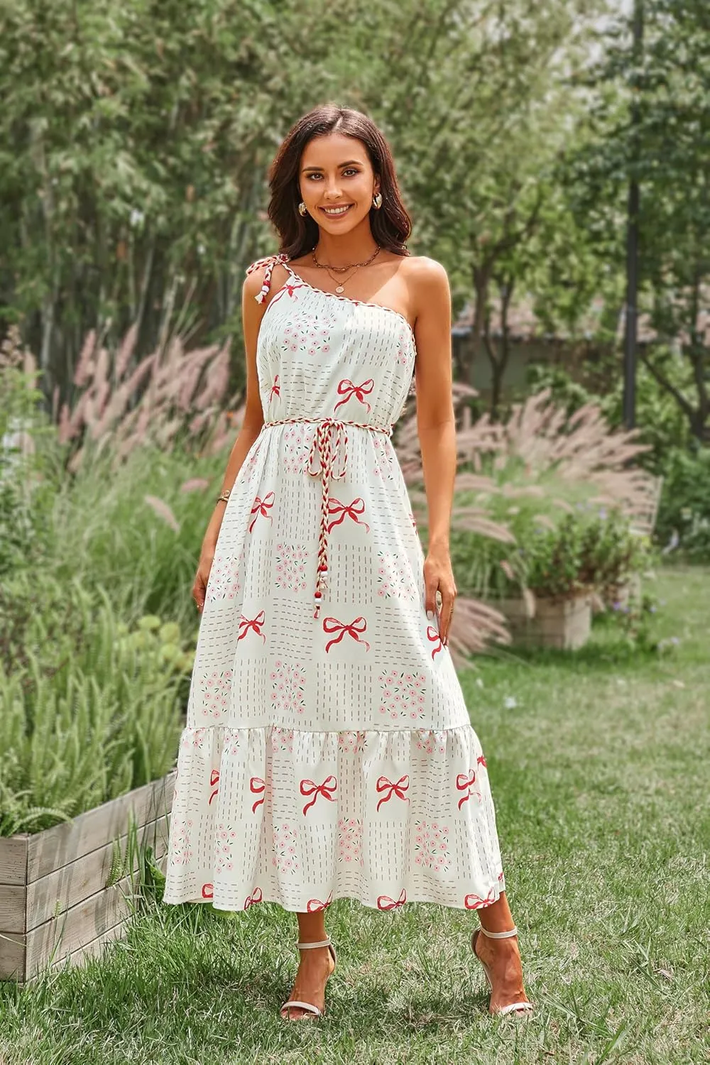 CCTOO Women's Floral Print Maxi Dress 2025 Sleeveless Summer Knot One Shoulder Flowy Boho Sundress with Pockets