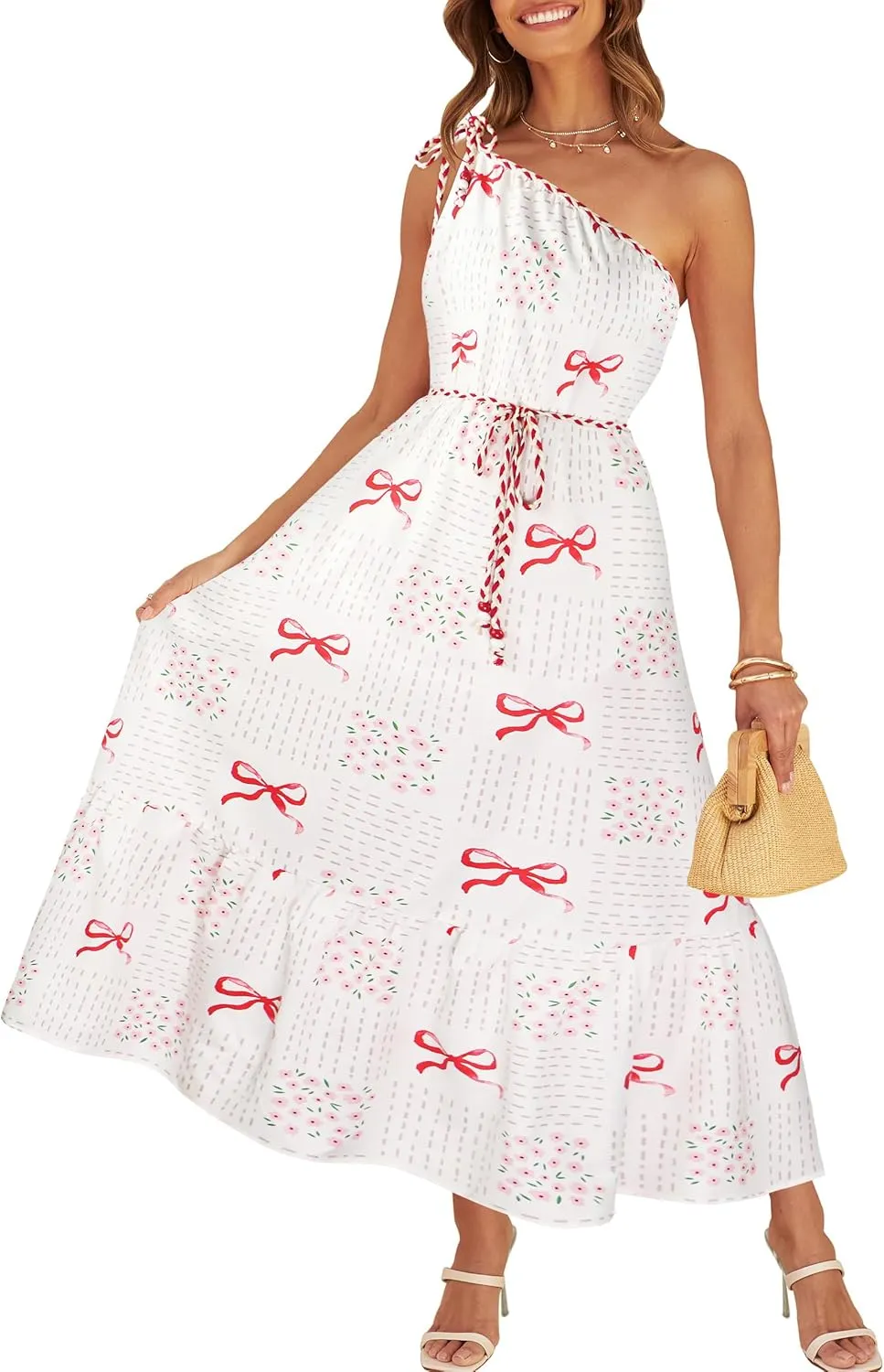 CCTOO Women's Floral Print Maxi Dress 2025 Sleeveless Summer Knot One Shoulder Flowy Boho Sundress with Pockets