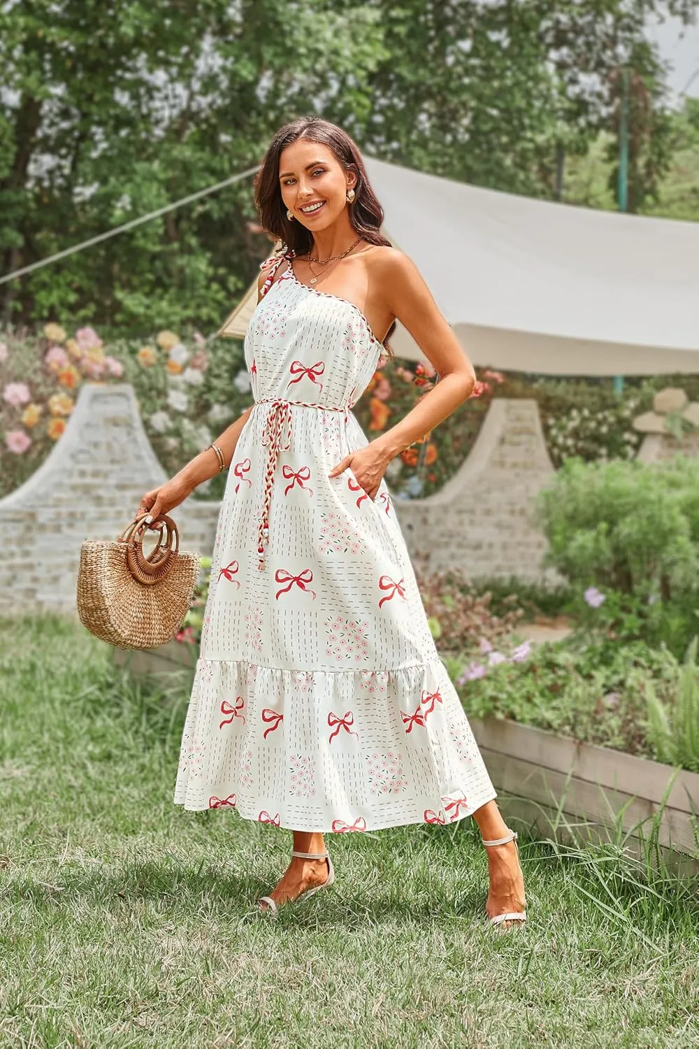 CCTOO Women's Floral Print Maxi Dress 2025 Sleeveless Summer Knot One Shoulder Flowy Boho Sundress with Pockets