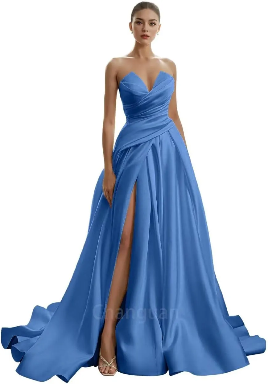 Changuan Strapless Satin Prom Dresses for Women 2025 Ruched Wedding Dress Long Ball Gown A-line Formal Gowns with Slit