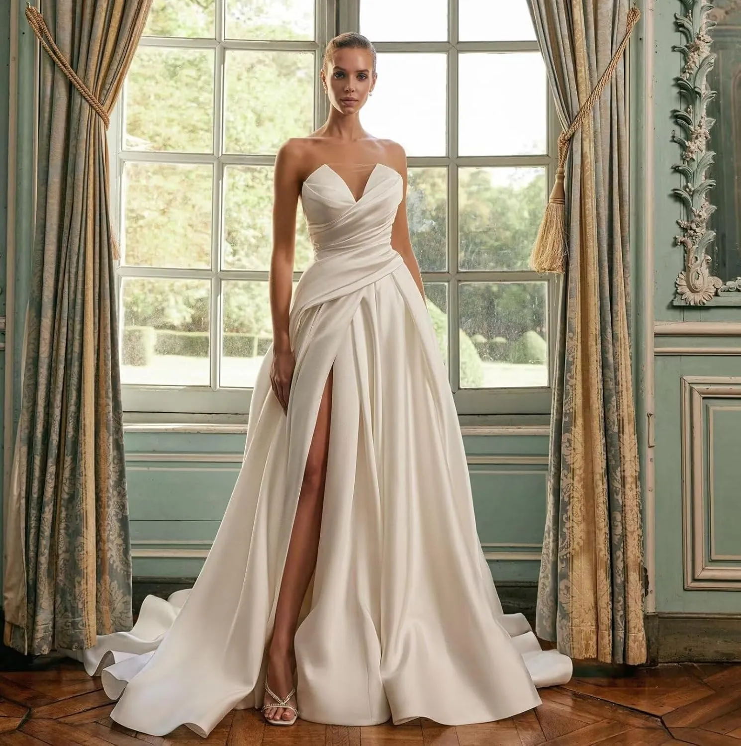 Changuan Strapless Satin Prom Dresses for Women 2025 Ruched Wedding Dress Long Ball Gown A-line Formal Gowns with Slit