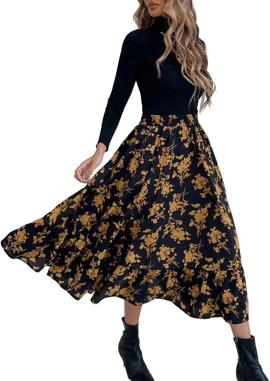 CHARTOU Women's Elastic High Waist Floral Print Pleated Flowy Flared A-Line Midi Long Skirt