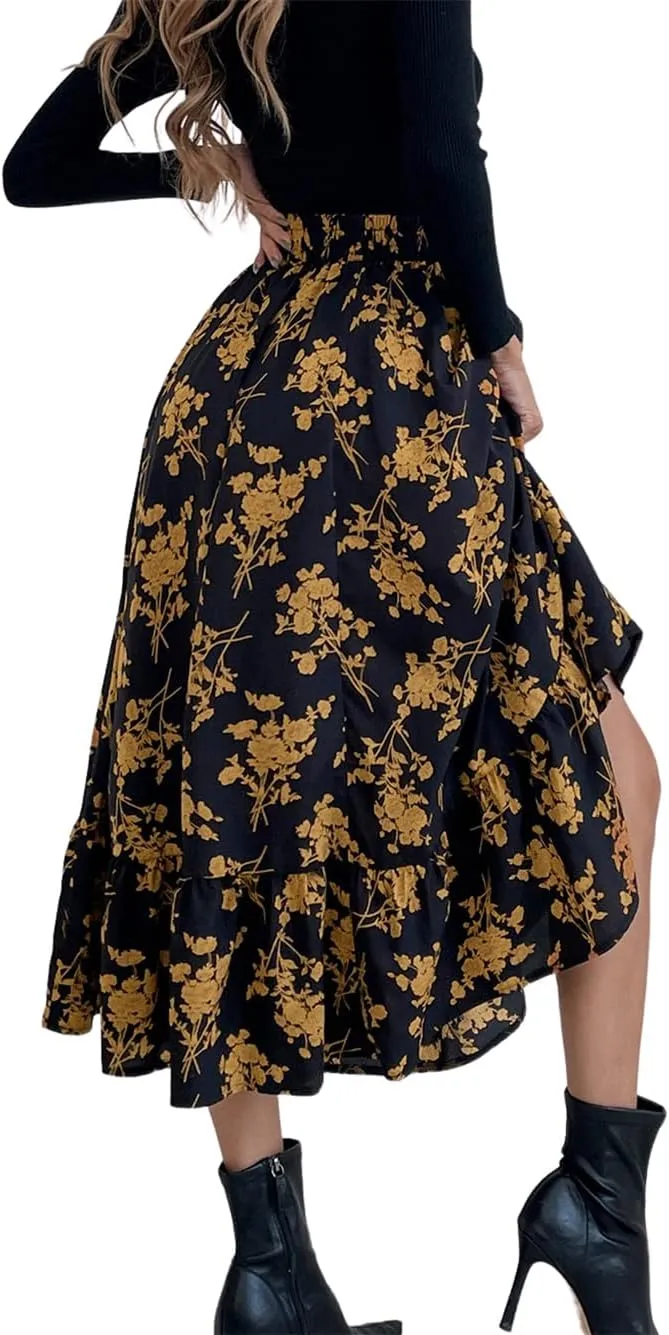 CHARTOU Women's Elastic High Waist Floral Print Pleated Flowy Flared A-Line Midi Long Skirt
