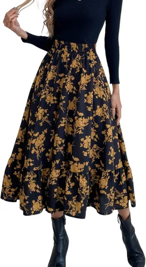 CHARTOU Women's Elastic High Waist Floral Print Pleated Flowy Flared A-Line Midi Long Skirt