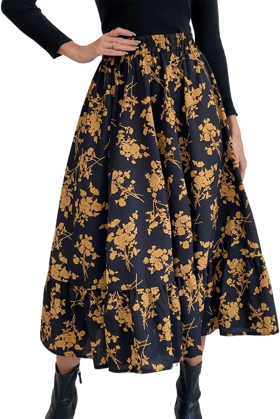 CHARTOU Women's Elastic High Waist Floral Print Pleated Flowy Flared A-Line Midi Long Skirt