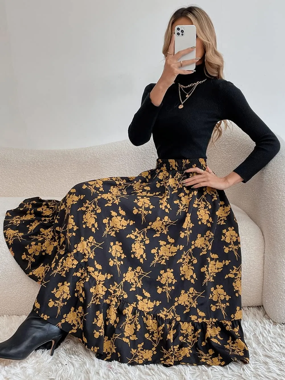 CHARTOU Women's Elastic High Waist Floral Print Pleated Flowy Flared A-Line Midi Long Skirt