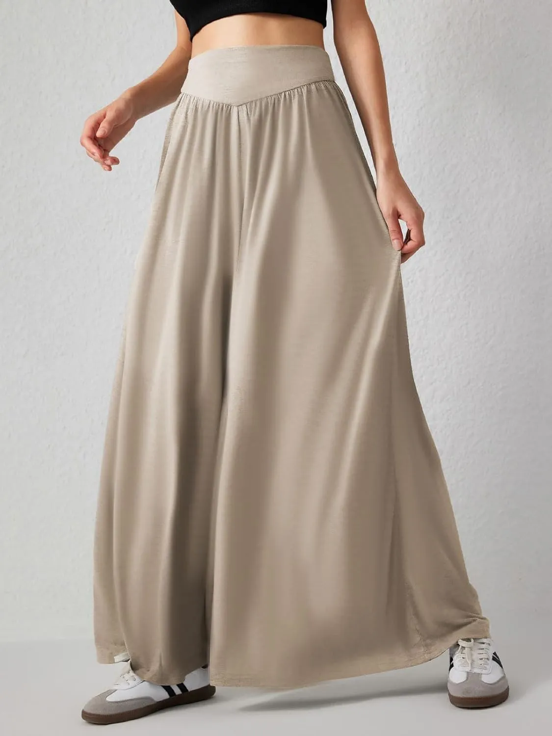 CHARTOU Women's Flowy Wide Leg Palazzo Pants Baggy High Waist Pleated Maxi Long Smocked Skirt