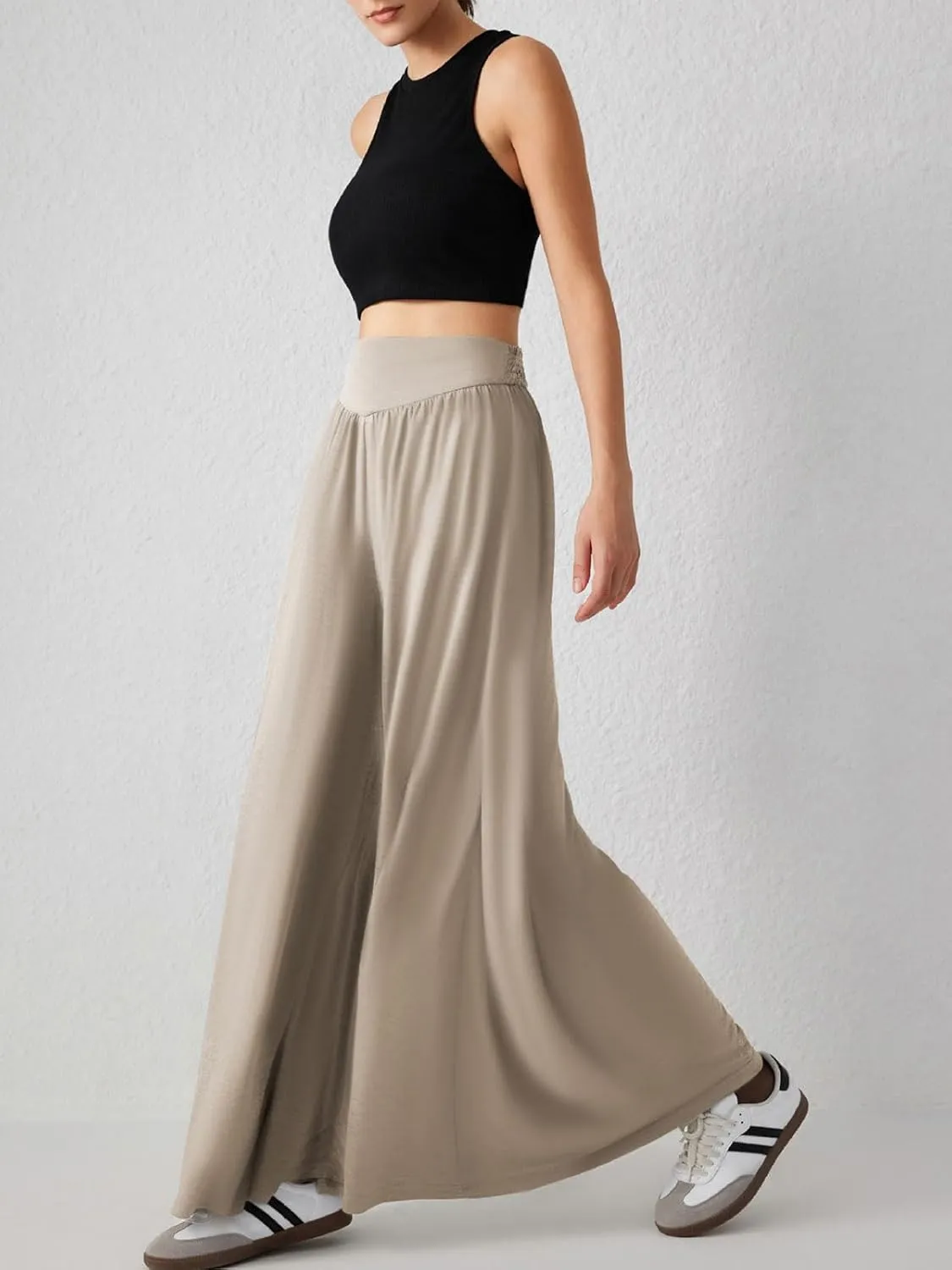 CHARTOU Women's Flowy Wide Leg Palazzo Pants Baggy High Waist Pleated Maxi Long Smocked Skirt