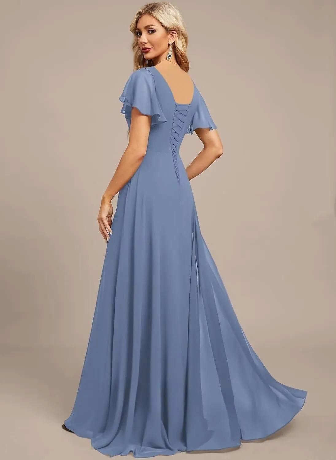 Chiffon Bridesmaid Dresses Long with Slit Ruffle Sleeve Pleats Mermaid Formal Evening Gowns with Pocket WO080