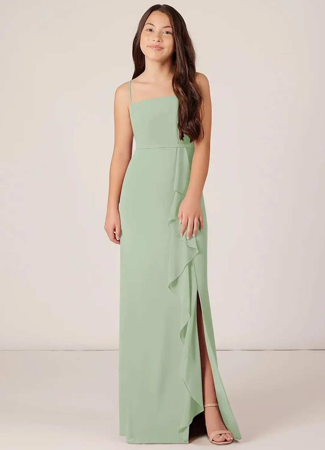 Chiffon Juniors Bridesmaid Dresses with Slits Spaghetti Straps Flower Girl Dresses Wedding Party Dress UJR002