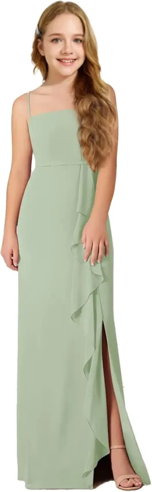 Chiffon Juniors Bridesmaid Dresses with Slits Spaghetti Straps Flower Girl Dresses Wedding Party Dress UJR002
