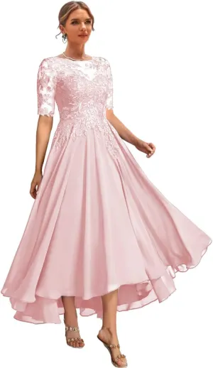 Chiffon Mother of The Bride Dresses with Sleeves Lace Formal Dress for Women High Low Evening Gown