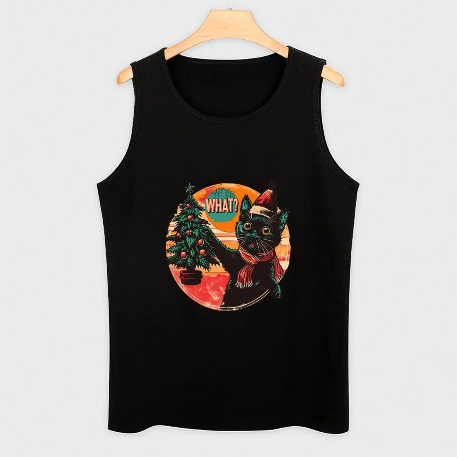 Christmas Naughty Cat Santa Hat Mens Tank Top Cotton Undershirt Crewneck Sleeveless Shirt for Summer