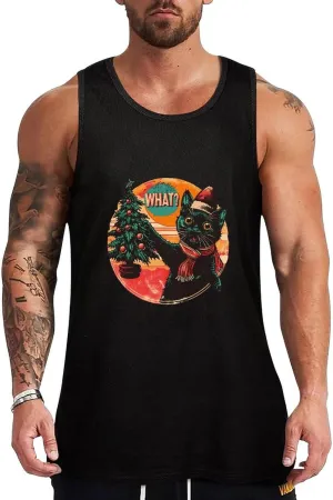 Christmas Naughty Cat Santa Hat Mens Tank Top Cotton Undershirt Crewneck Sleeveless Shirt for Summer