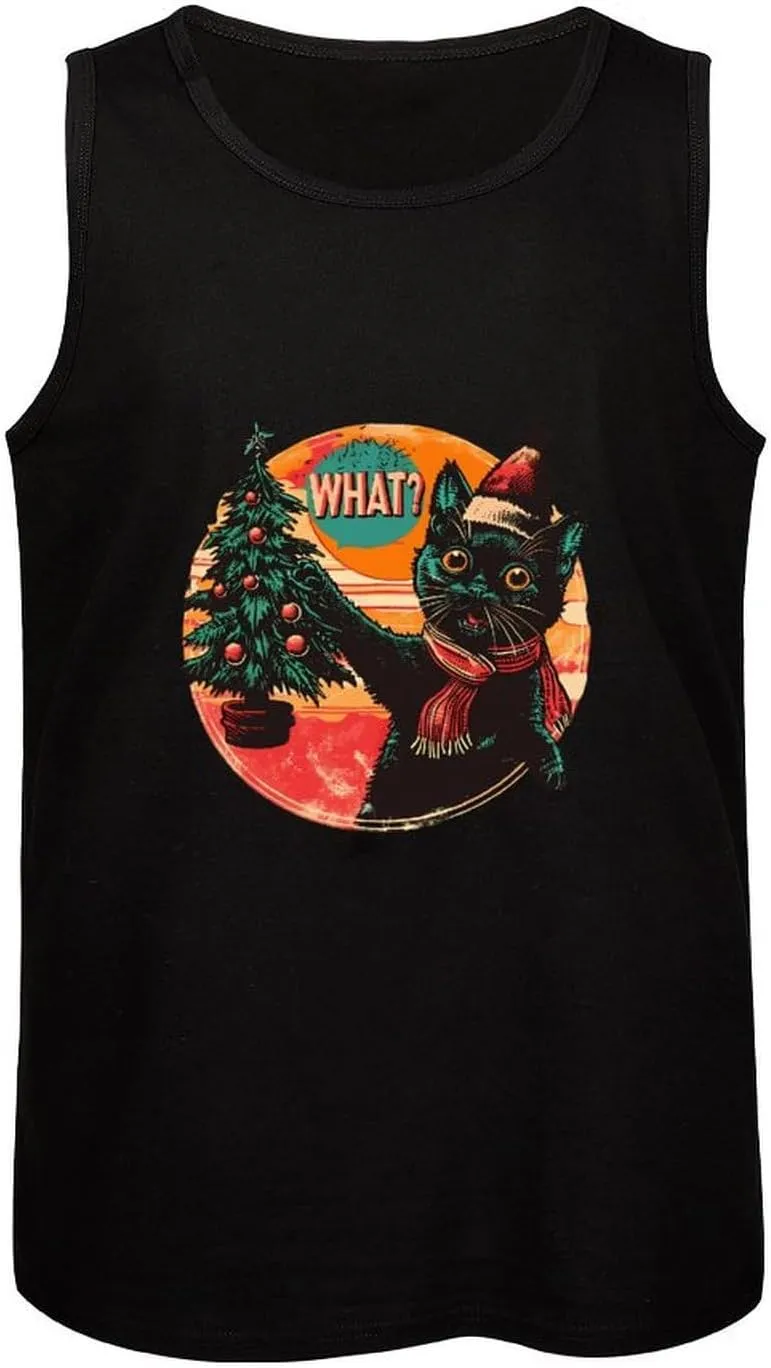 Christmas Naughty Cat Santa Hat Mens Tank Top Cotton Undershirt Crewneck Sleeveless Shirt for Summer