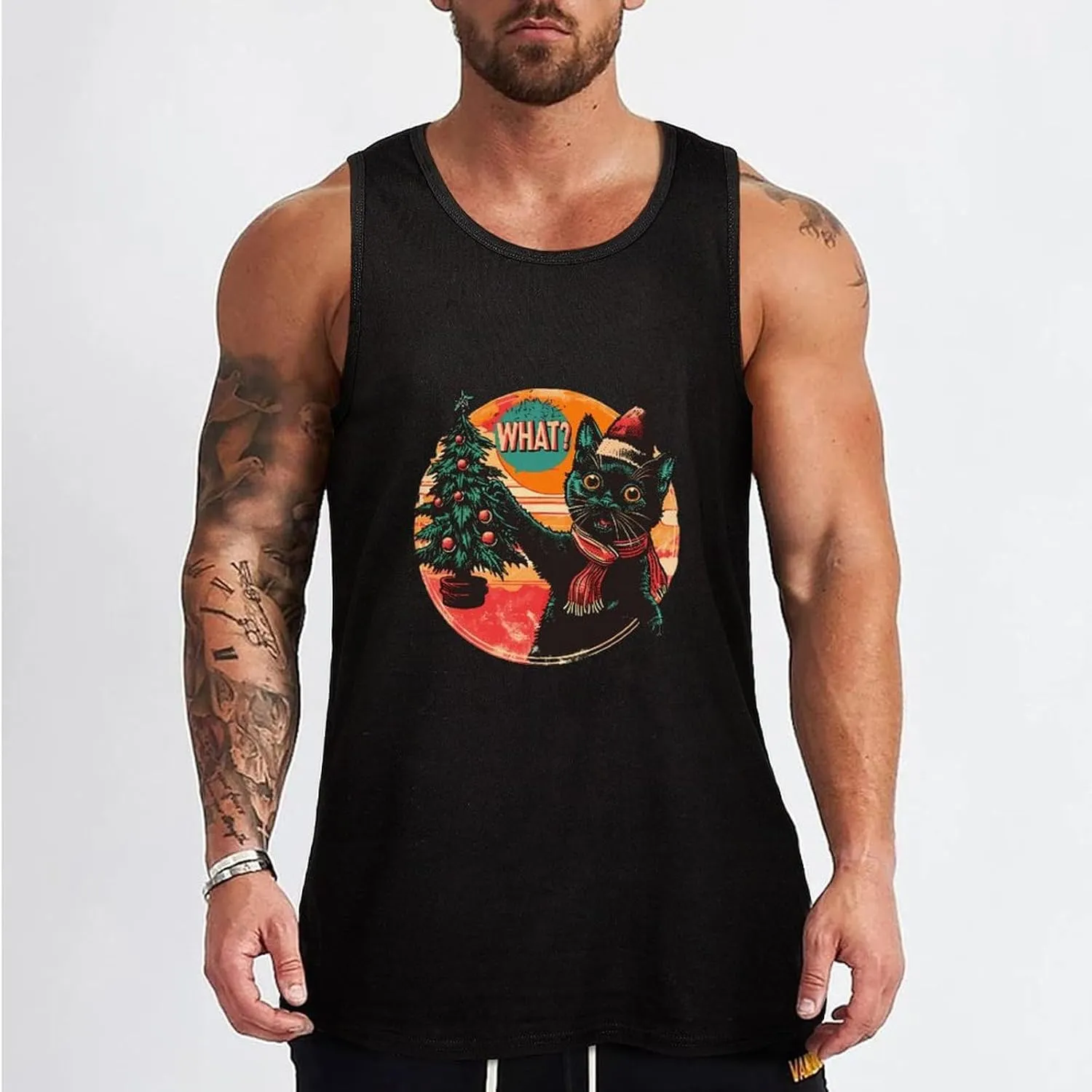 Christmas Naughty Cat Santa Hat Mens Tank Top Cotton Undershirt Crewneck Sleeveless Shirt for Summer