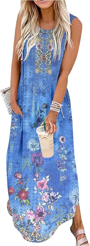 CHUNTIANRAN Women's 2023 Casual Loose Sundress Maxi Dress Sleeveless Summer Beach Long Dresses Tshirt Dress with Pockets