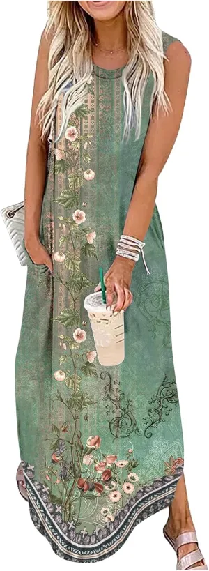 CHUNTIANRAN Women's 2023 Casual Loose Sundress Maxi Dress Sleeveless Summer Beach Long Dresses Tshirt Dress with Pockets