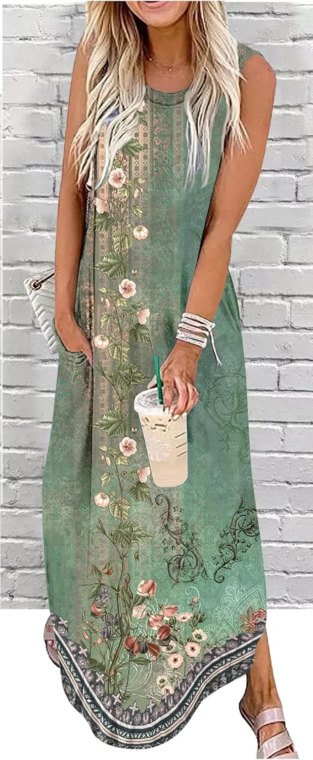 CHUNTIANRAN Women's 2023 Casual Loose Sundress Maxi Dress Sleeveless Summer Beach Long Dresses Tshirt Dress with Pockets