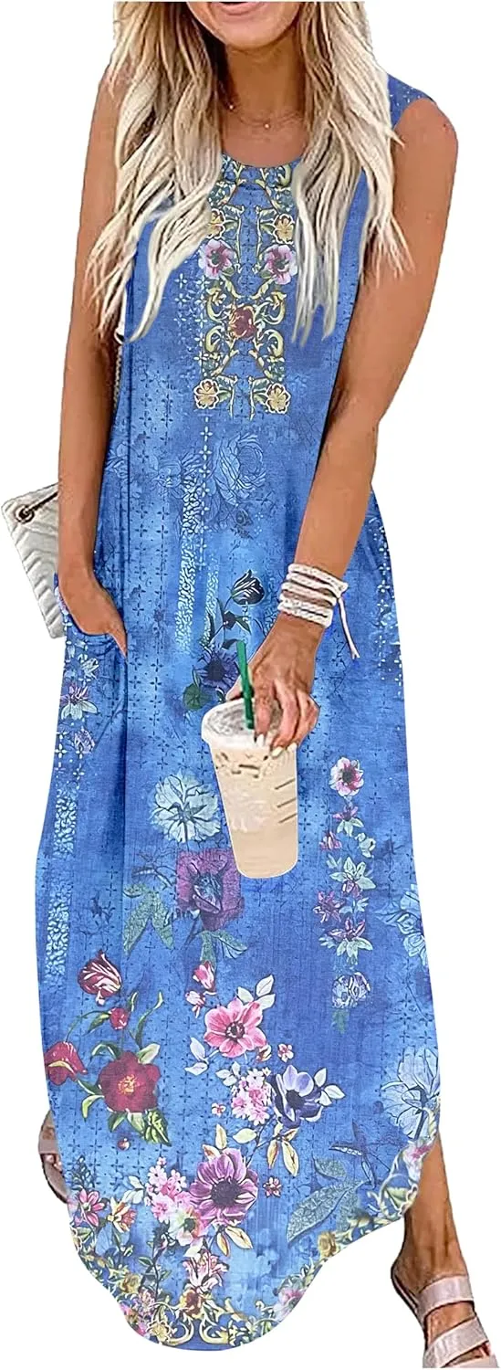 CHUNTIANRAN Women's 2023 Casual Loose Sundress Maxi Dress Sleeveless Summer Beach Long Dresses Tshirt Dress with Pockets