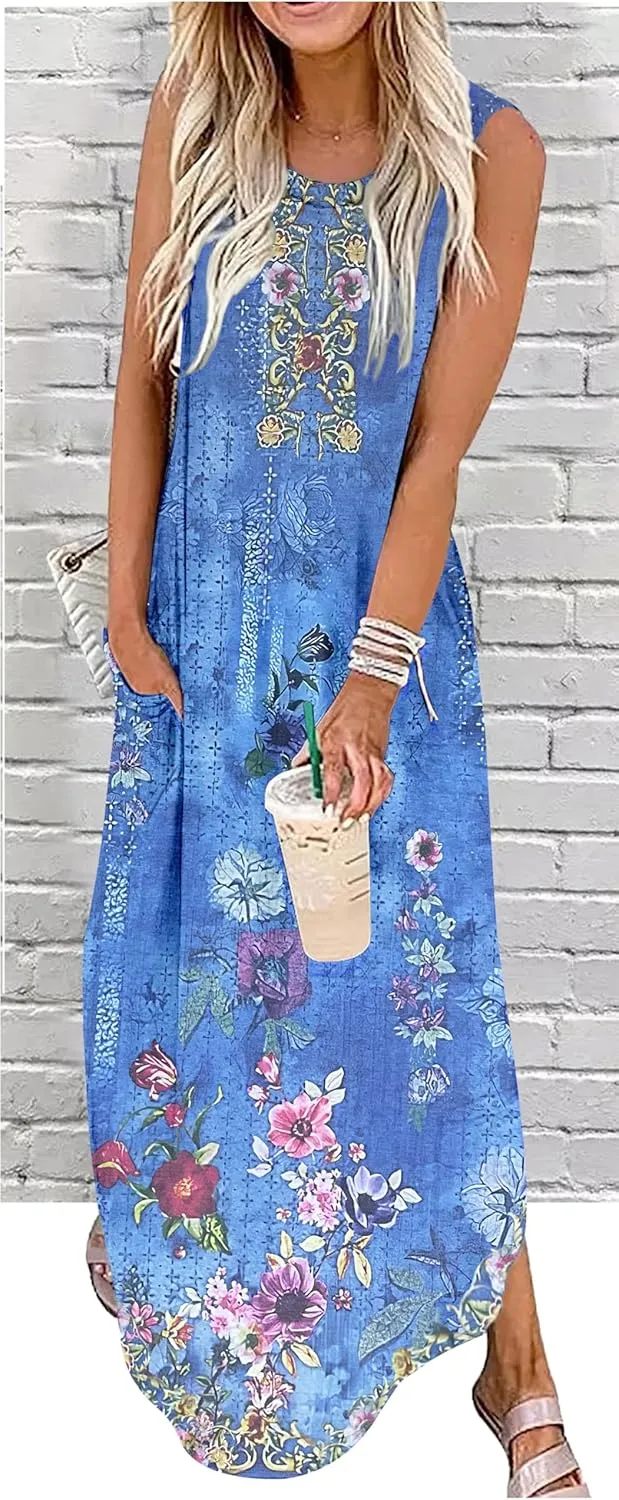 CHUNTIANRAN Women's 2023 Casual Loose Sundress Maxi Dress Sleeveless Summer Beach Long Dresses Tshirt Dress with Pockets