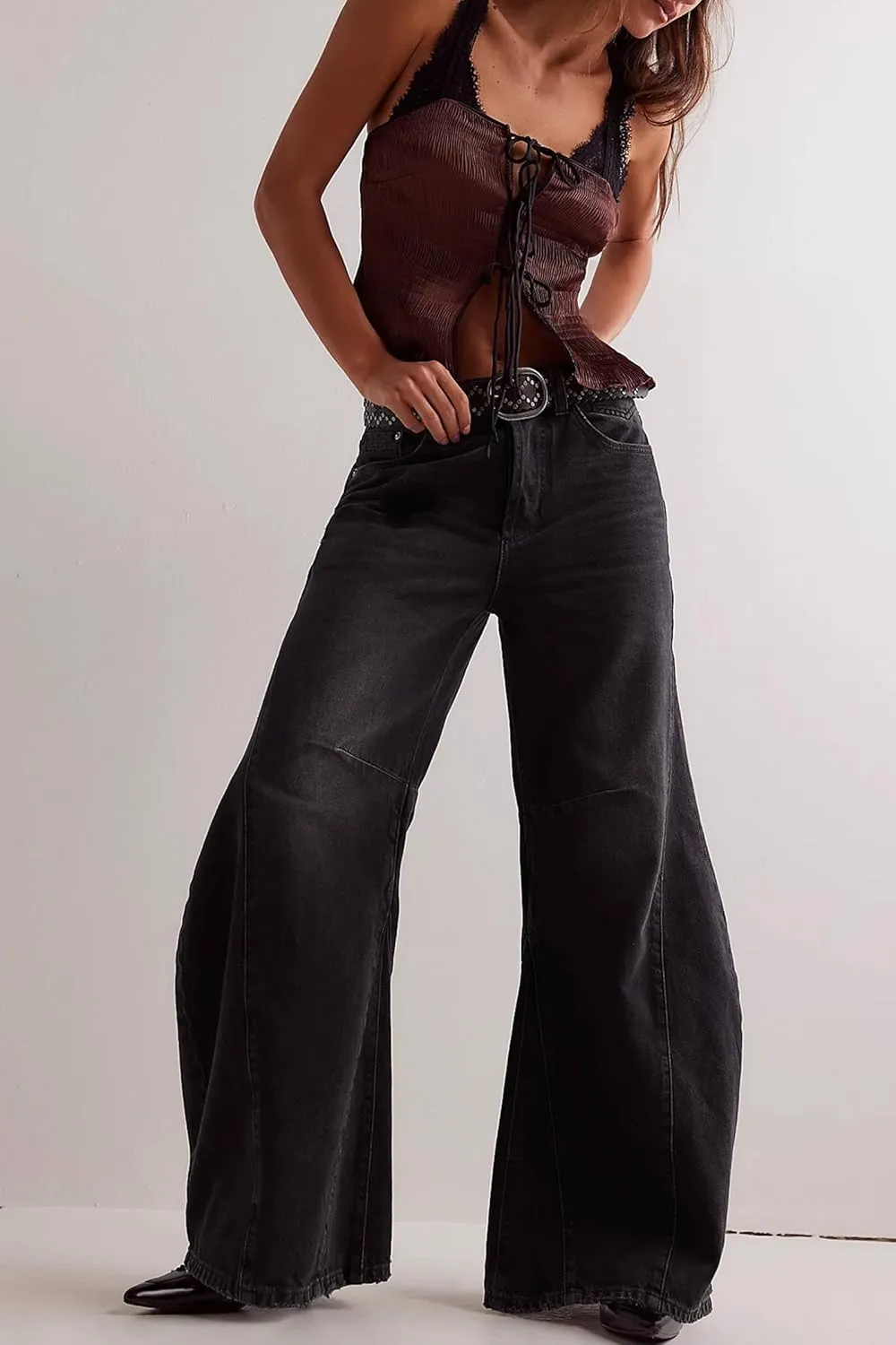 Cicy Bell Womens Baggy Bell Bottom Jeans High Waisted Flare Barrel Wide Leg Stretchy Denim Pants