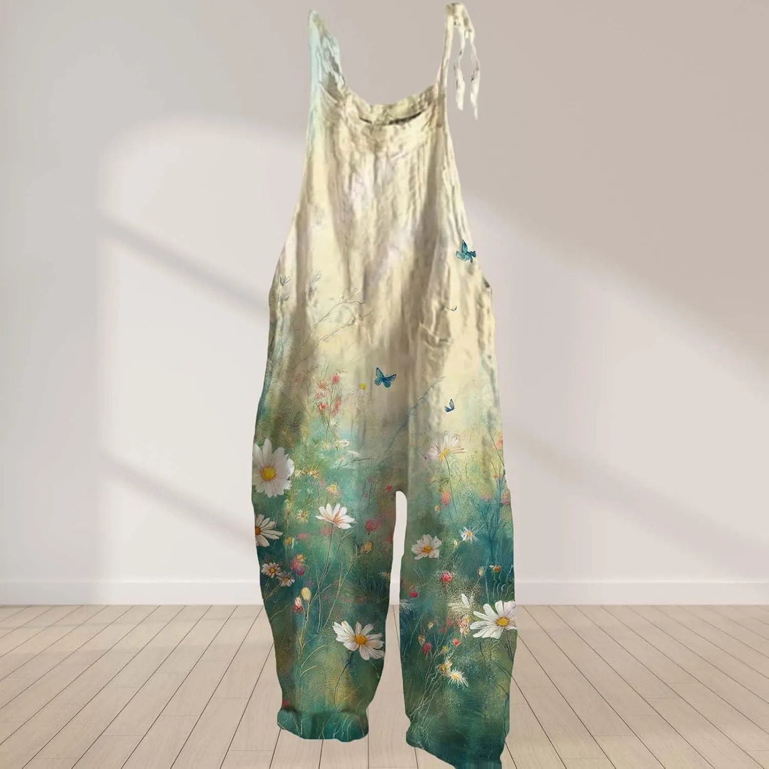 Cotton Linen Jumpsuits For Women Casual Boho Floral Printed Wide Leg Overall Halter Baggy Comfy Beach Jumpsuits
