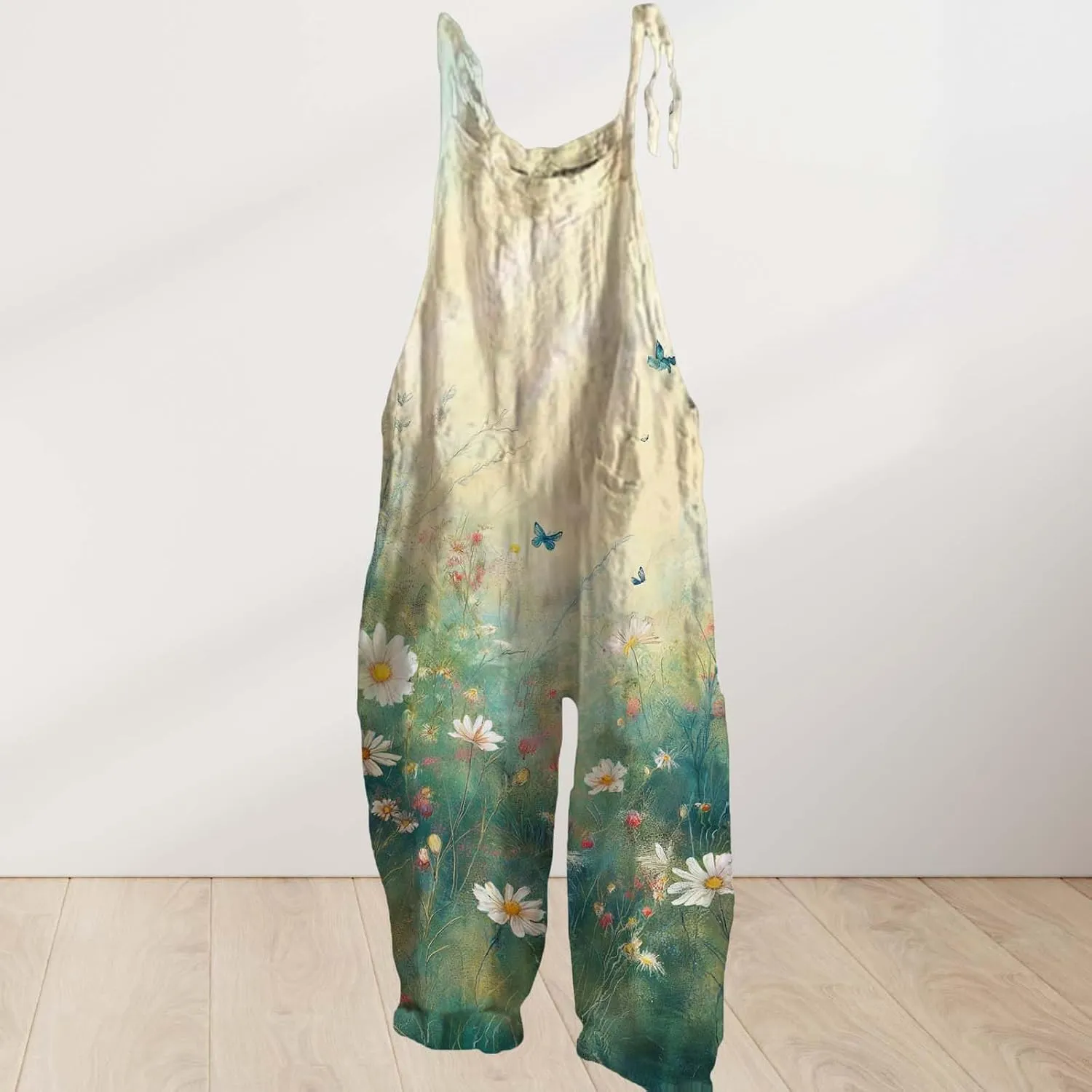 Cotton Linen Jumpsuits For Women Casual Boho Floral Printed Wide Leg Overall Halter Baggy Comfy Beach Jumpsuits
