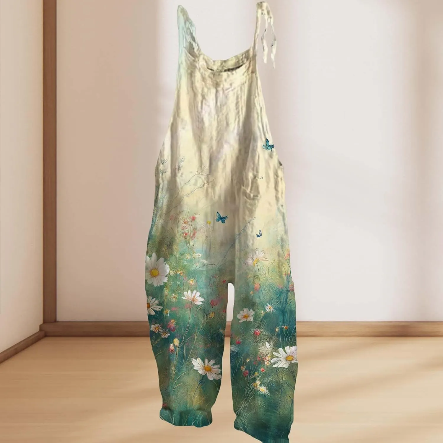 Cotton Linen Jumpsuits For Women Casual Boho Floral Printed Wide Leg Overall Halter Baggy Comfy Beach Jumpsuits