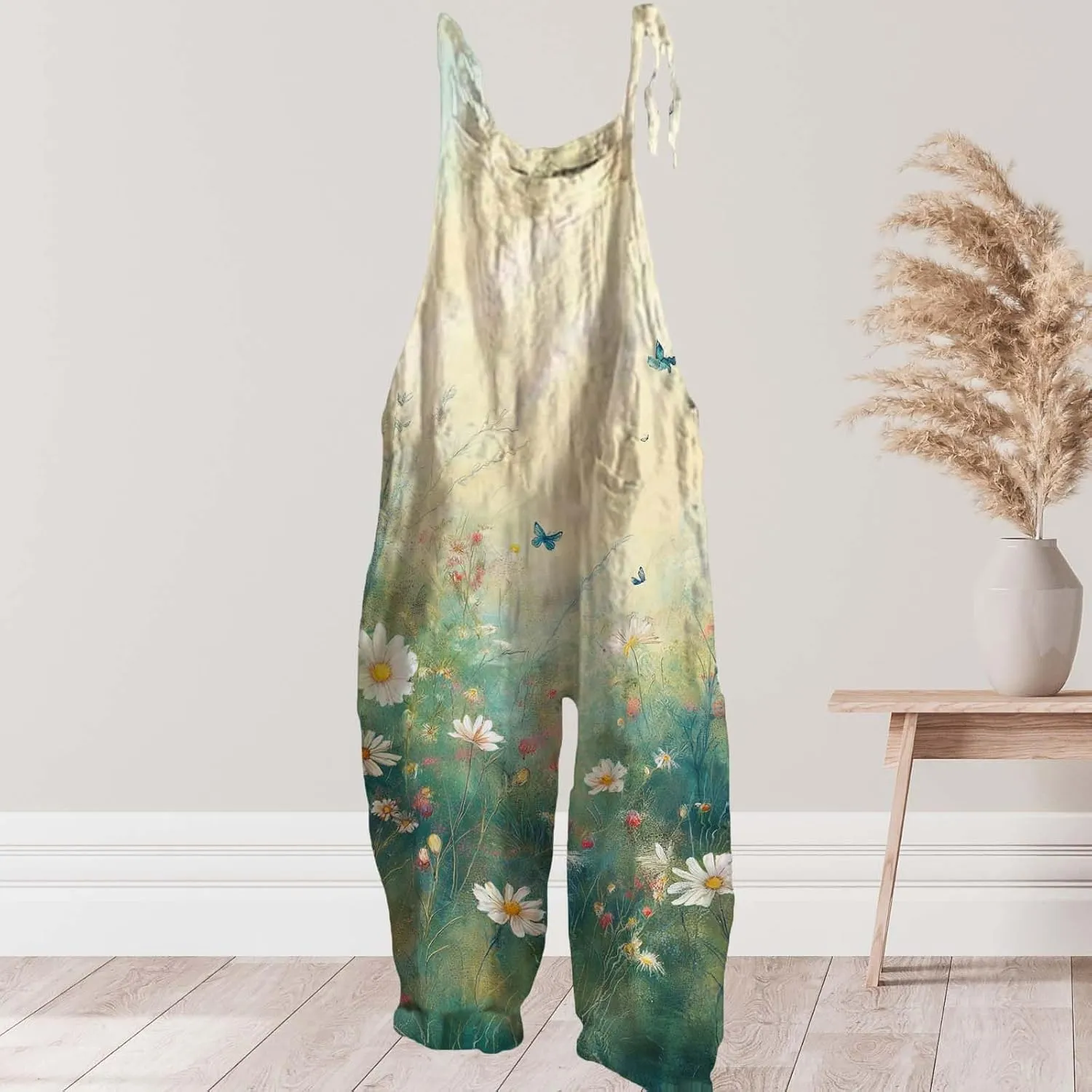 Cotton Linen Jumpsuits For Women Casual Boho Floral Printed Wide Leg Overall Halter Baggy Comfy Beach Jumpsuits