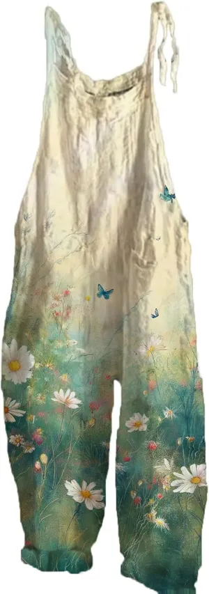 Cotton Linen Jumpsuits For Women Casual Boho Floral Printed Wide Leg Overall Halter Baggy Comfy Beach Jumpsuits