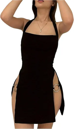 COZYEASE Women's Backless Ring Linked Split Side Bodycon Dress Sleeveless Party Club Mini Halter Dresses