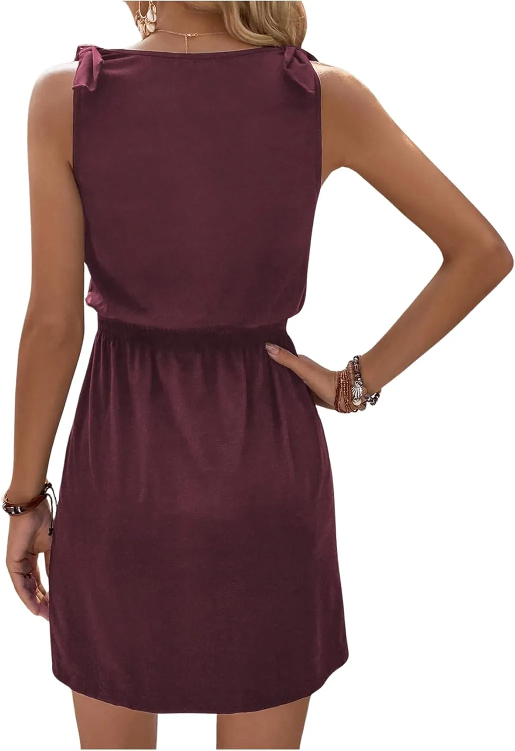 COZYEASE Women's Tie Shoulder A Line High Waist A Line Dress Sleeveless V Neck Solid Short Dresses