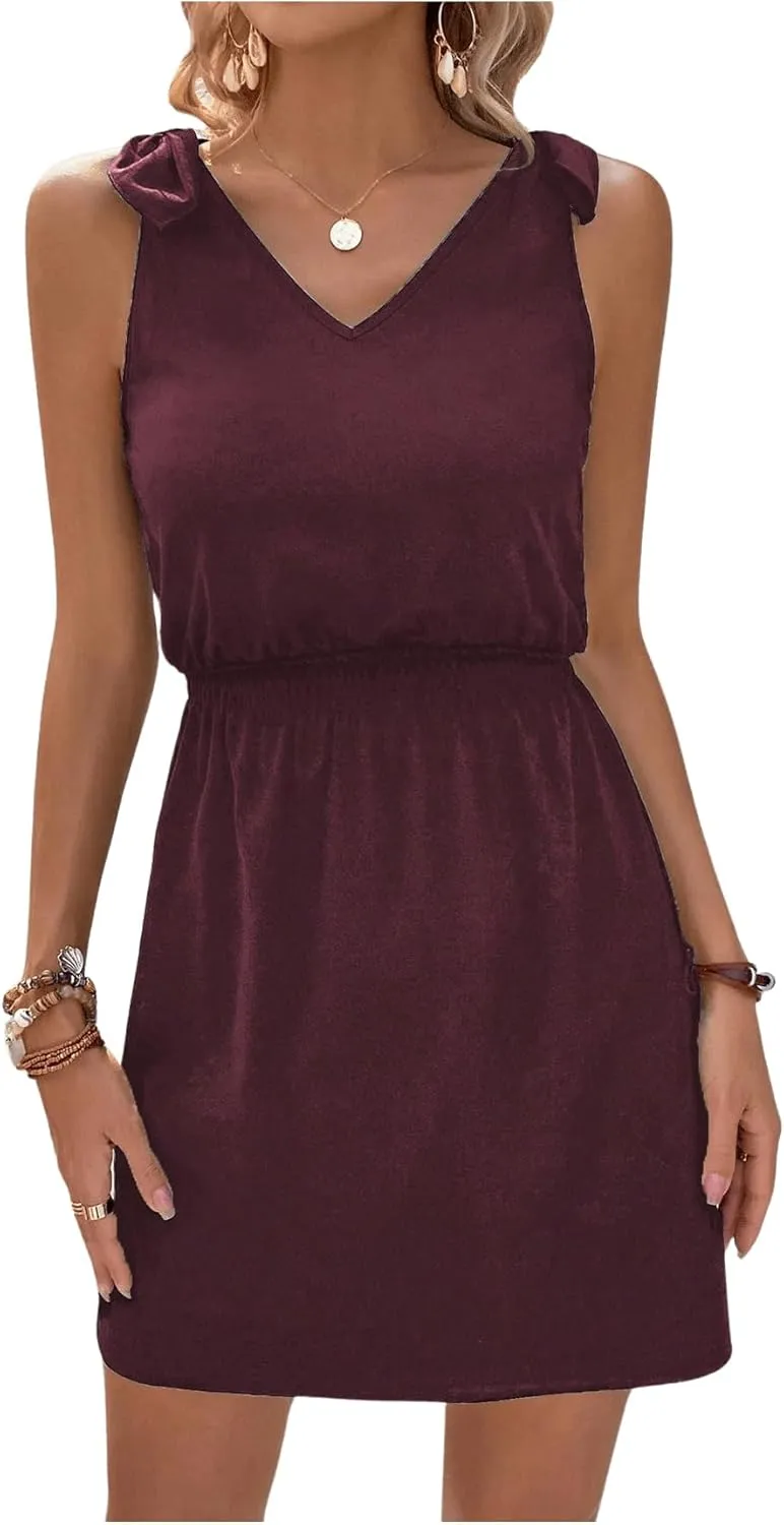 COZYEASE Women's Tie Shoulder A Line High Waist A Line Dress Sleeveless V Neck Solid Short Dresses