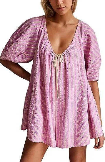 Cute Summer Oversized Romper Women Y2K Bow Tie Front Jumpsuit Shorts Coquette Striped Babydoll Skirt Fairycore Clothes