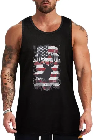Deer Hunting U.S. Flag Mens Tank Top Cotton Undershirt Crewneck Sleeveless Shirt for Summer