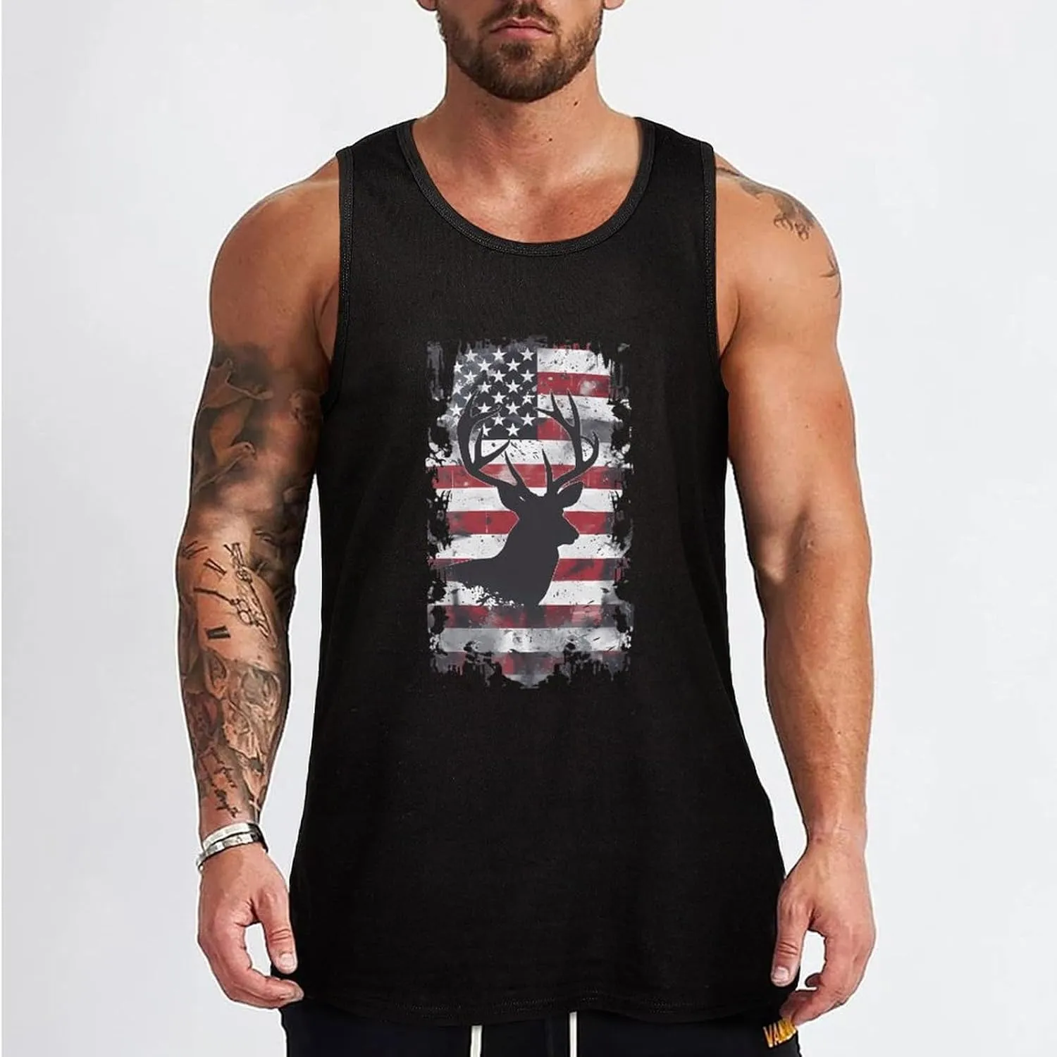 Deer Hunting U.S. Flag Mens Tank Top Cotton Undershirt Crewneck Sleeveless Shirt for Summer