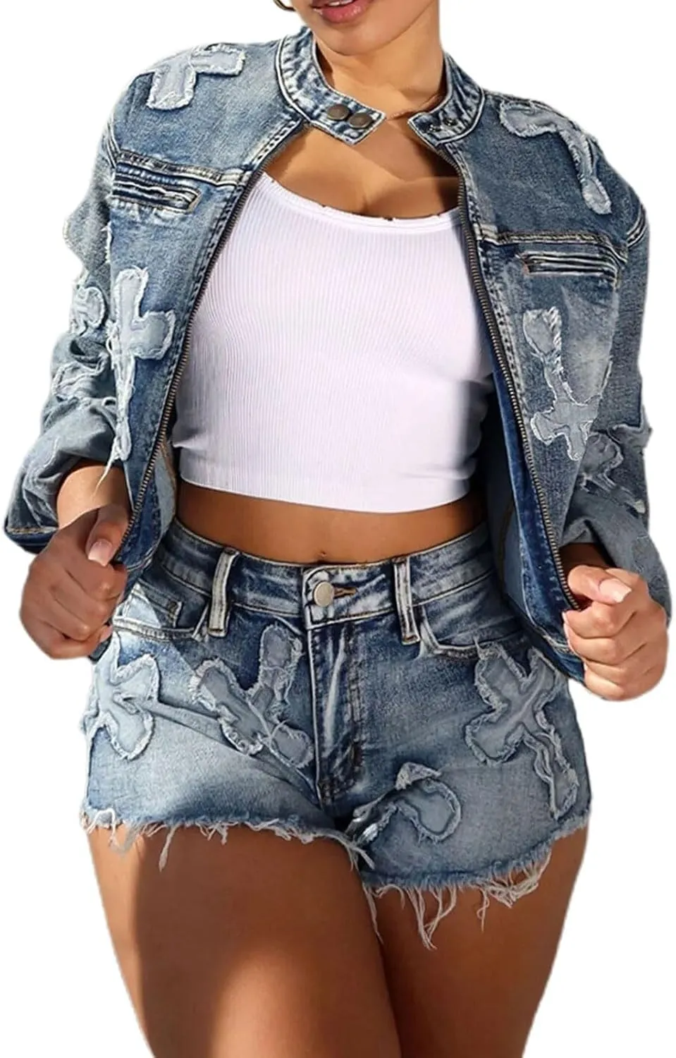 Denim Short Sets Women 2 Piece Outfits Long Sleeve Zip Up Cropped Jacket Raw Hem Skinny Jean Shorts Set