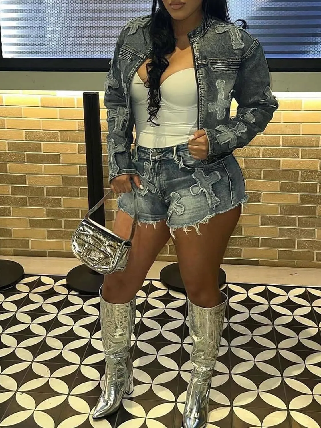 Denim Short Sets Women 2 Piece Outfits Long Sleeve Zip Up Cropped Jacket Raw Hem Skinny Jean Shorts Set